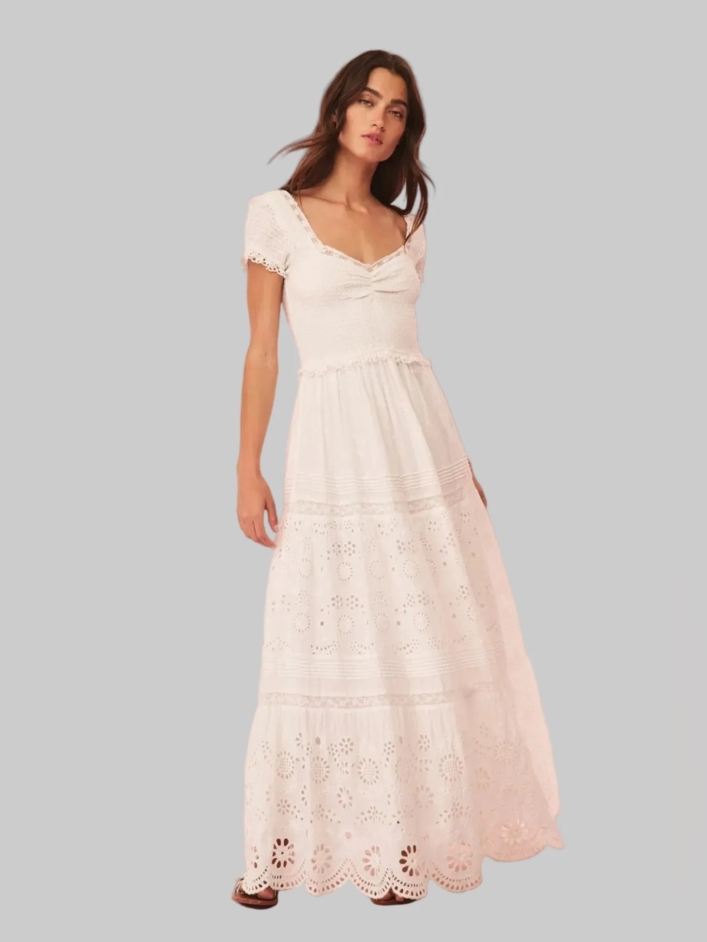 NEW Love Shack Fancy Bisolet Lace Trim Tiered Sundress In White Size XS